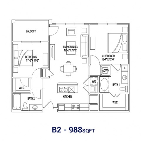 Floor plan for 2 beds, 2 baths, 1003 sqft